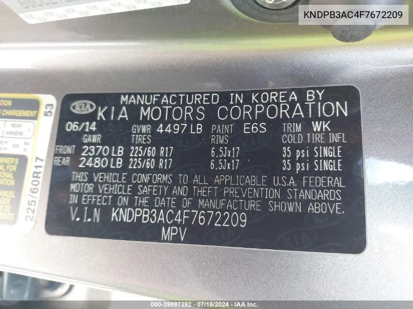 KNDPB3AC4F7672209 2015 Kia Sportage Lx