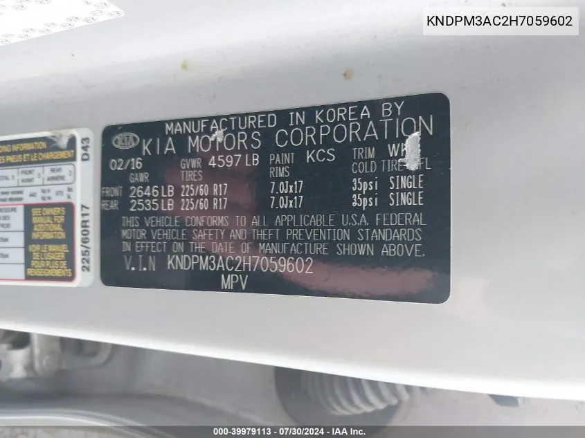 KNDPM3AC2H7059602 2017 Kia Sportage Lx