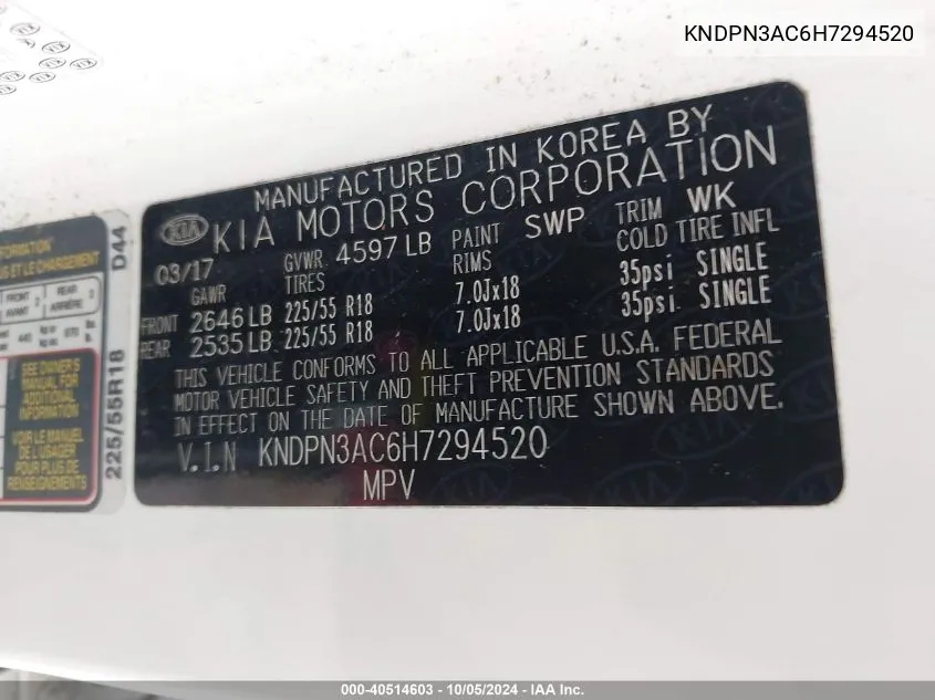 KNDPN3AC6H7294520 2017 Kia Sportage Ex