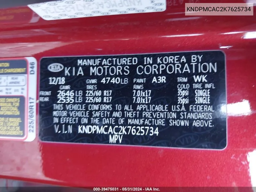 KNDPMCAC2K7625734 2019 Kia Sportage Lx