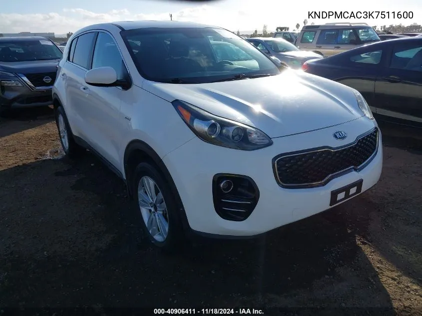 2019 Kia Sportage Lx VIN: KNDPMCAC3K7511600 Lot: 40906411