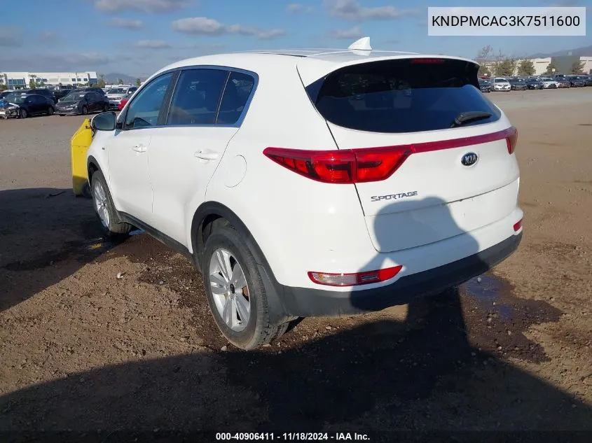 2019 Kia Sportage Lx VIN: KNDPMCAC3K7511600 Lot: 40906411