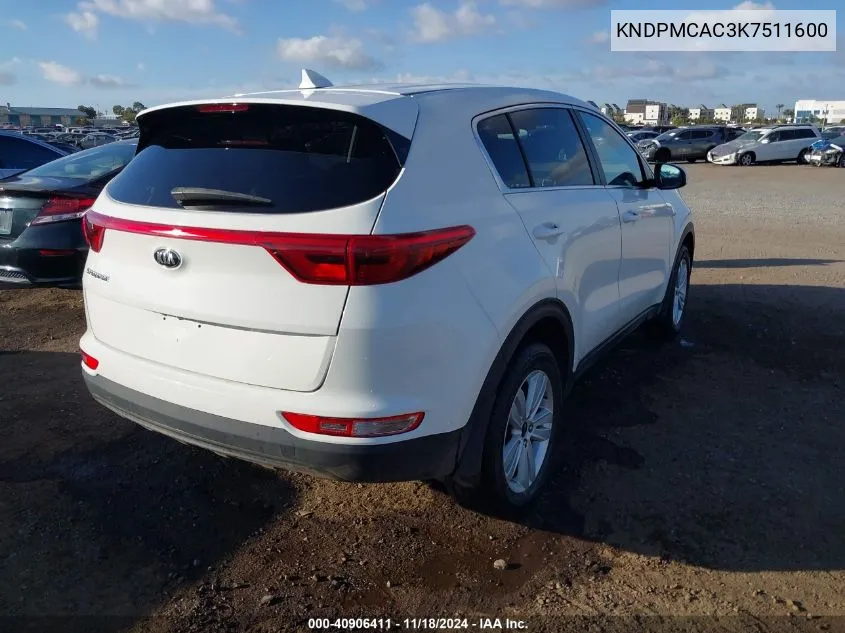 2019 Kia Sportage Lx VIN: KNDPMCAC3K7511600 Lot: 40906411