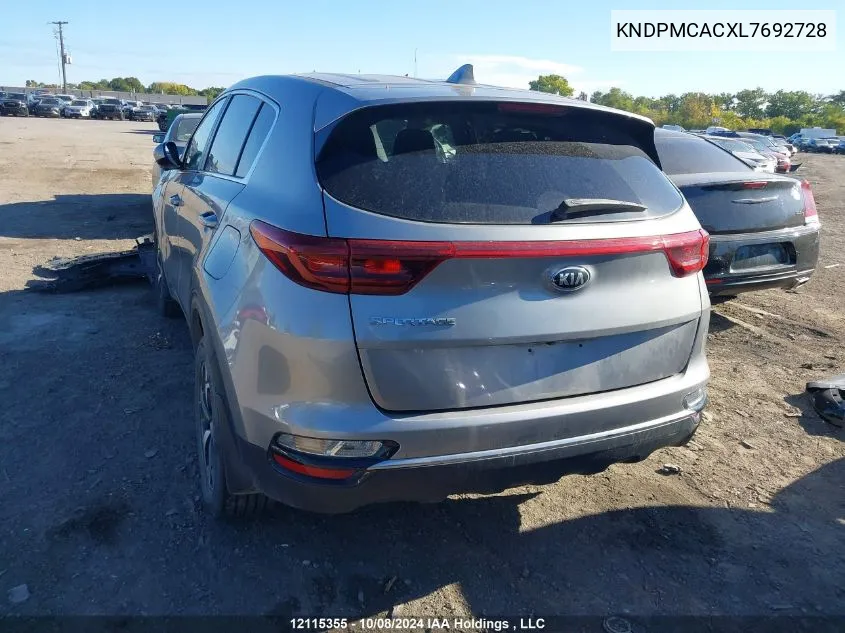 2020 Kia Sportage VIN: KNDPMCACXL7692728 Lot: 12115355