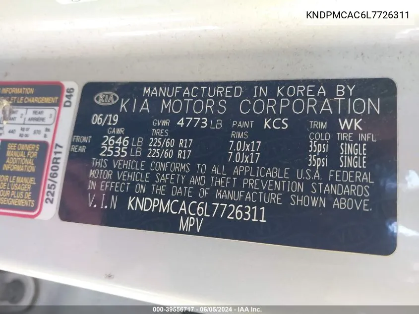 KNDPMCAC6L7726311 2020 Kia Sportage Lx