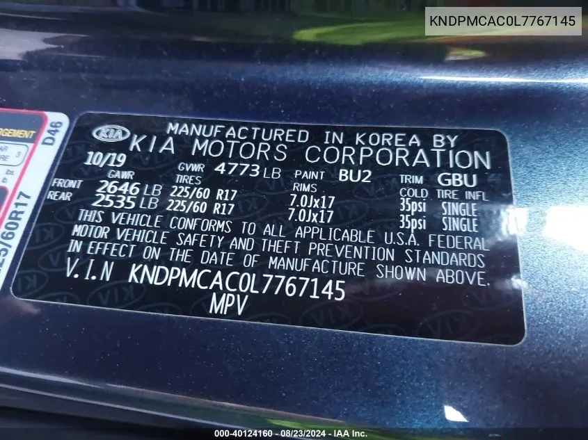 KNDPMCAC0L7767145 2020 Kia Sportage Lx