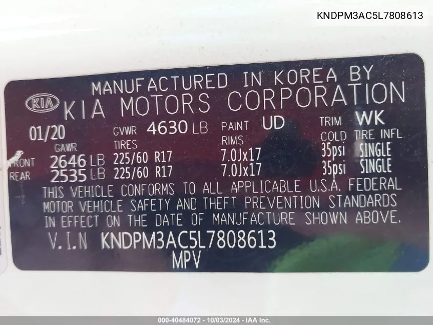 KNDPM3AC5L7808613 2020 Kia Sportage Lx