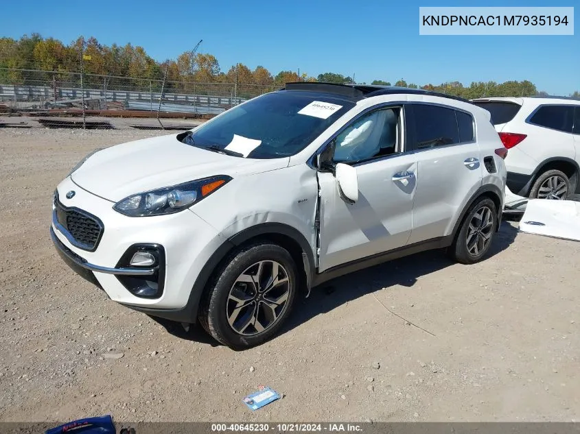 2021 Kia Sportage Ex VIN: KNDPNCAC1M7935194 Lot: 40645230