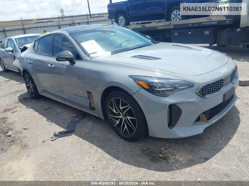 2022 Kia Stinger Gt-Line VIN: KNAE35LD2N6110381 Lot: 40200193