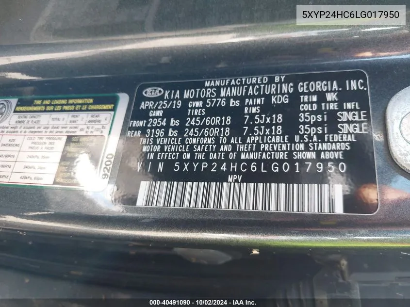 2020 Kia Telluride Lx VIN: 5XYP24HC6LG017950 Lot: 40491090