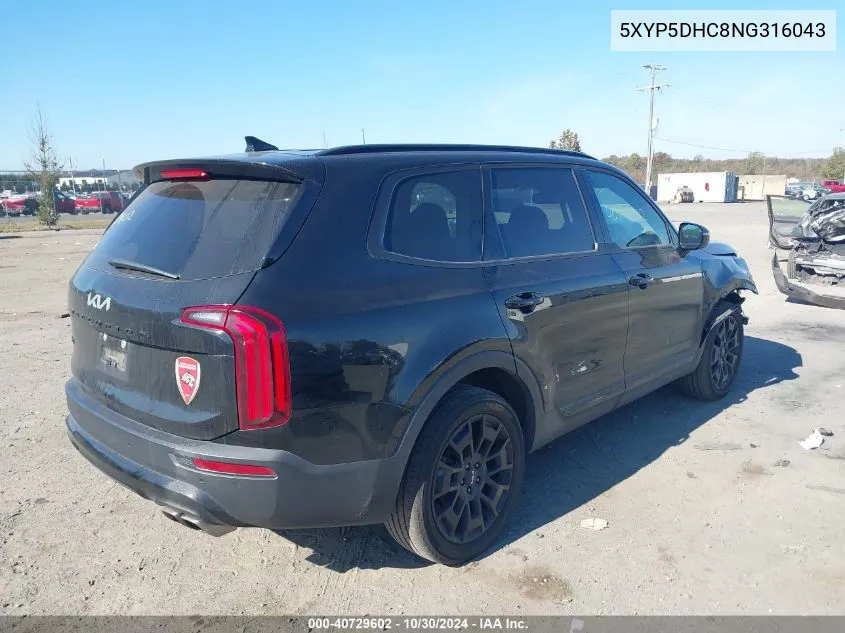 2022 Kia Telluride Sx VIN: 5XYP5DHC8NG316043 Lot: 40729602