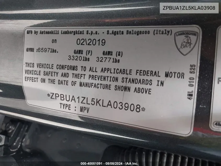 ZPBUA1ZL5KLA03908 2019 Lamborghini Urus