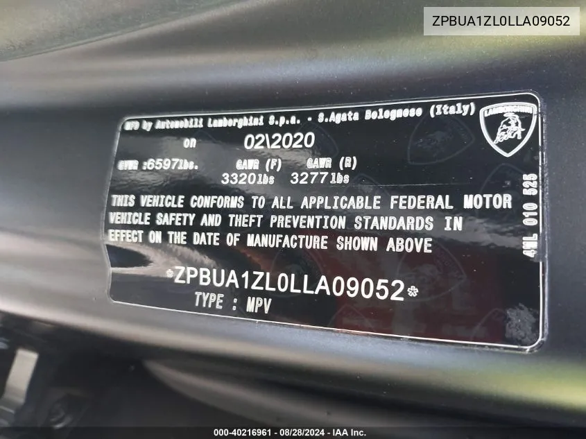 ZPBUA1ZL0LLA09052 2020 Lamborghini Urus