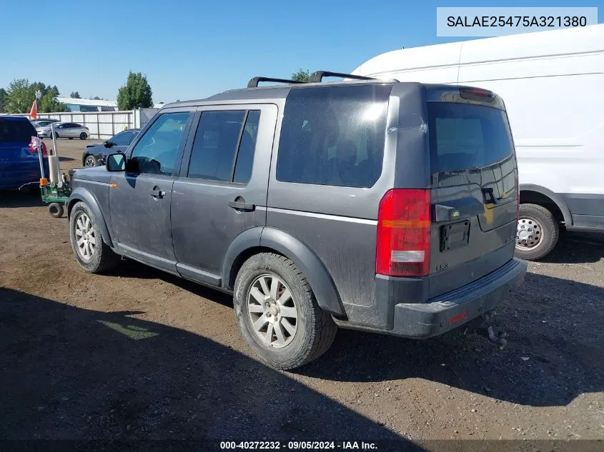 2005 Land Rover Lr3 Se VIN: SALAE25475A321380 Lot: 40272232