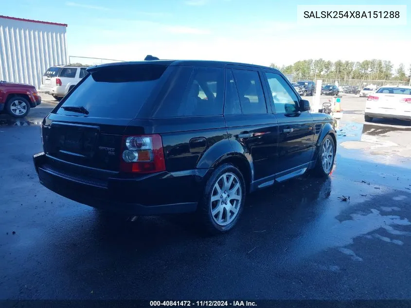 2008 Land Rover Range Rover Sport Hse VIN: SALSK254X8A151288 Lot: 40841472