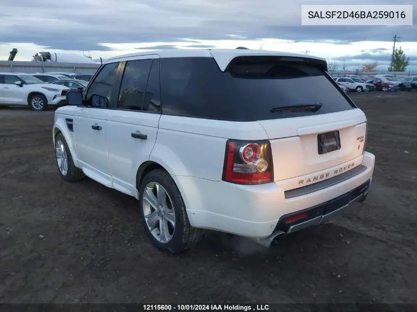 2011 Land Rover Range Rover Sport VIN: SALSF2D46BA259016 Lot: 12115600