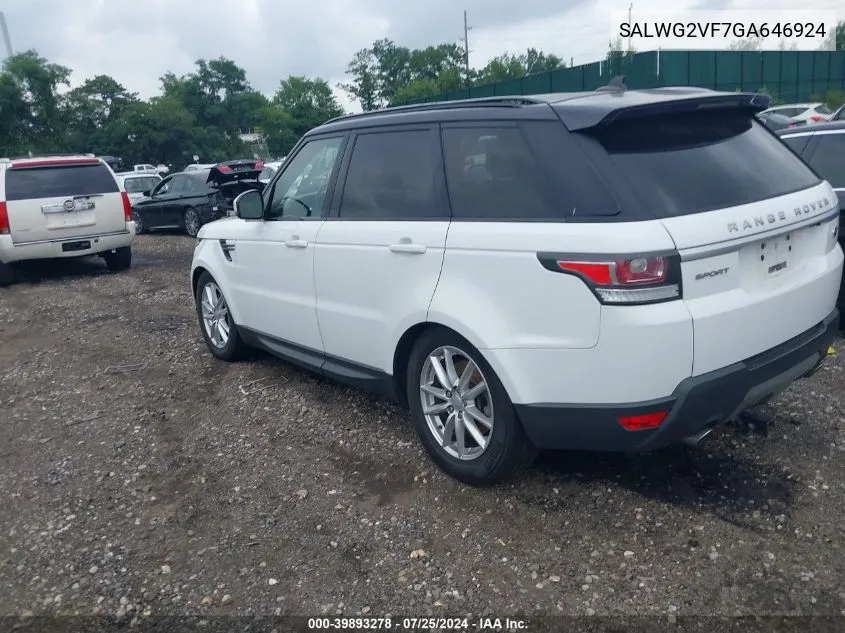 2016 Land Rover Range Rover Sport 3.0L V6 Supercharged Se VIN: SALWG2VF7GA646924 Lot: 39893278