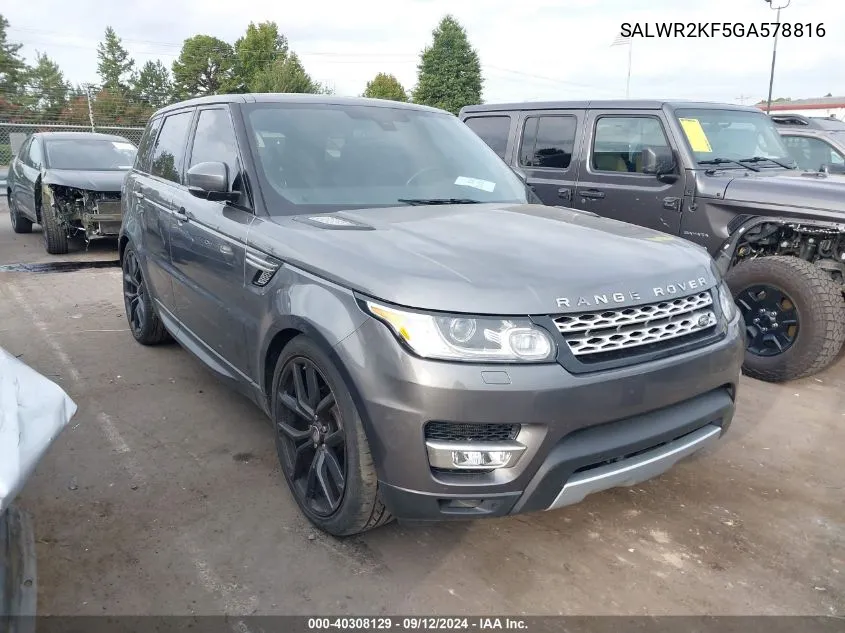 2016 Land Rover Range Rover Sport 3.0L V6 Turbocharged Diesel Hse Td6 VIN: SALWR2KF5GA578816 Lot: 40308129