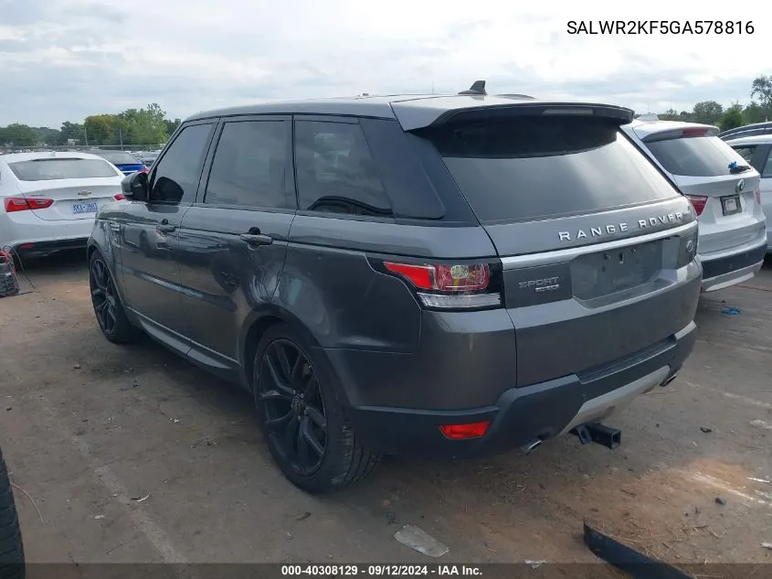 2016 Land Rover Range Rover Sport 3.0L V6 Turbocharged Diesel Hse Td6 VIN: SALWR2KF5GA578816 Lot: 40308129