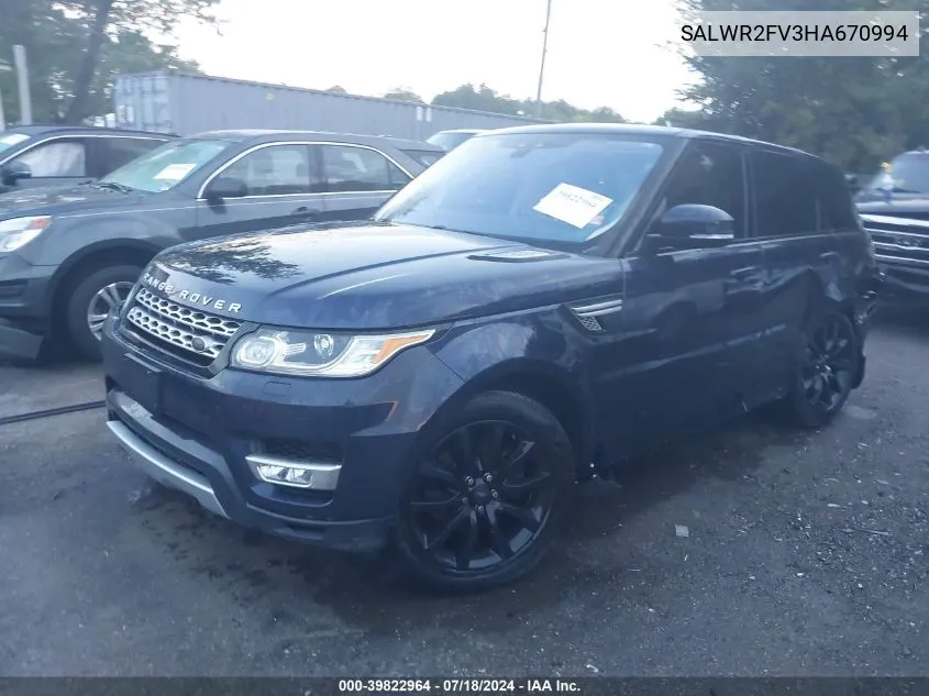 2017 Land Rover Range Rover Sport 3.0L V6 Supercharged Hse VIN: SALWR2FV3HA670994 Lot: 39822964