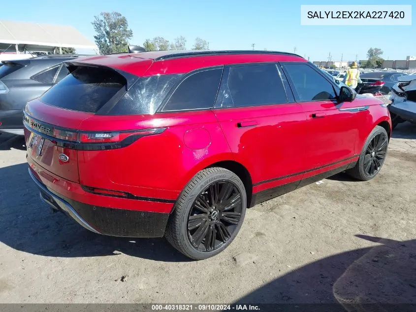 2019 Land Rover Range Rover Velar P250 R-Dynamic Se VIN: SALYL2EX2KA227420 Lot: 40318321