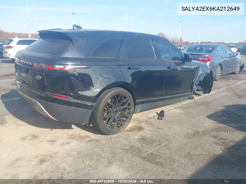 2019 Land Rover Range Rover Velar P250 VIN: SALYA2EX6KA212649 Lot: 40742809