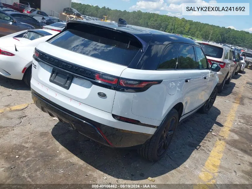 2020 Land Rover Range Rover Velar P250 R-Dynamic S VIN: SALYK2EX0LA241692 Lot: 40106462