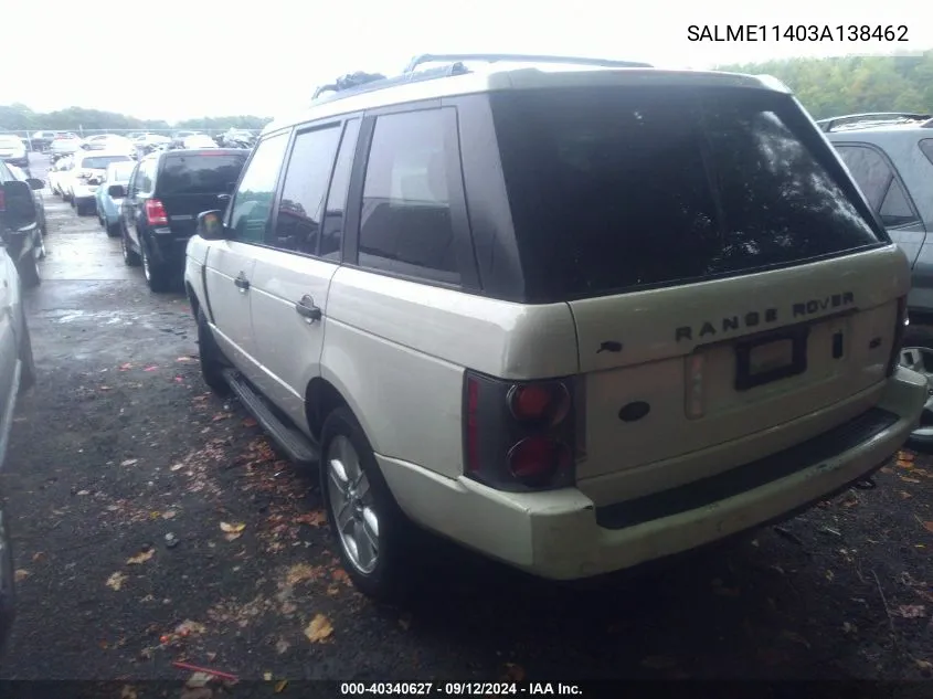 2003 Land Rover Range Rover Hse VIN: SALME11403A138462 Lot: 40340627