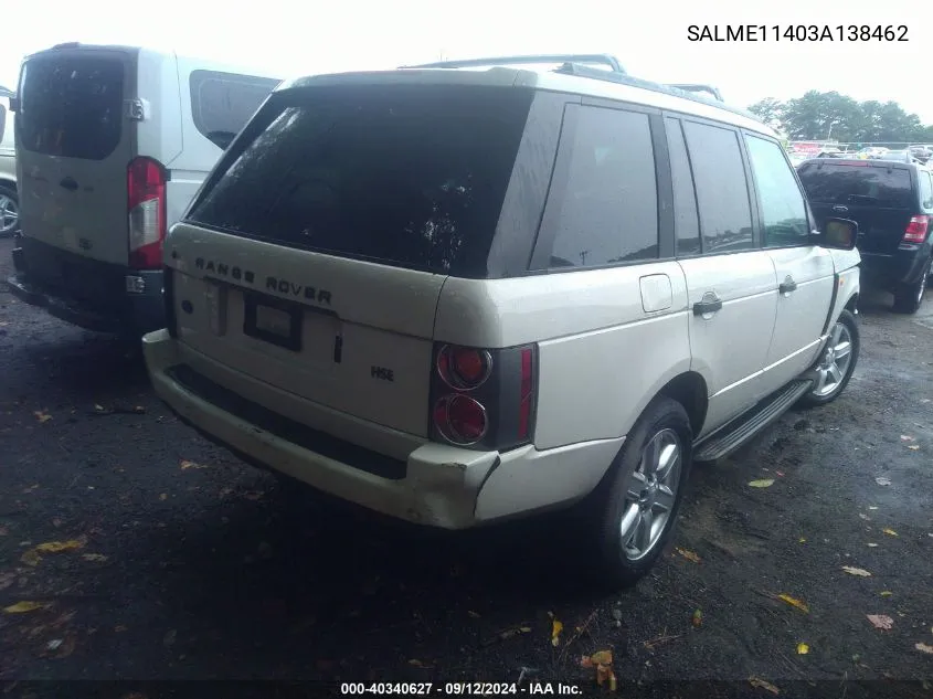 2003 Land Rover Range Rover Hse VIN: SALME11403A138462 Lot: 40340627