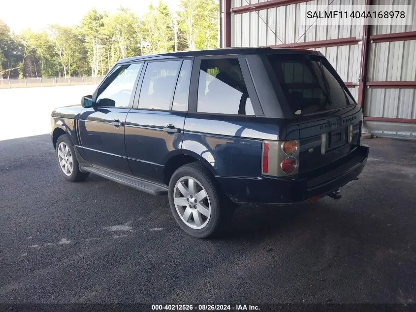 2004 Land Rover Range Rover Hse VIN: SALMF11404A168978 Lot: 40212526