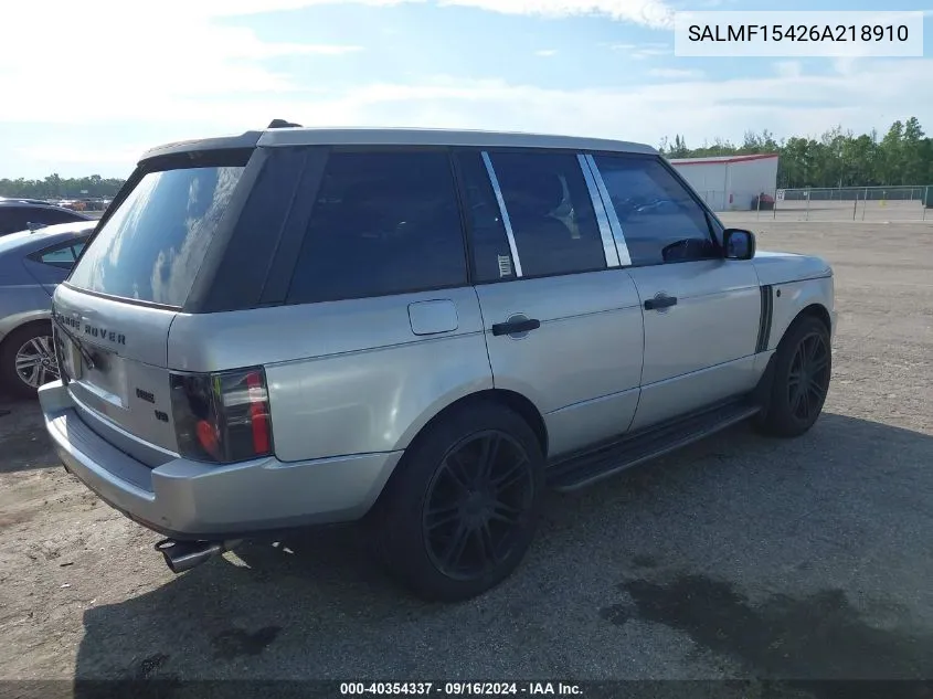 2006 Land Rover Range Rover Hse VIN: SALMF15426A218910 Lot: 40354337