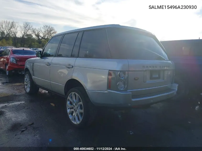 2006 Land Rover Range Rover Hse VIN: SALME15496A230930 Lot: 40834652