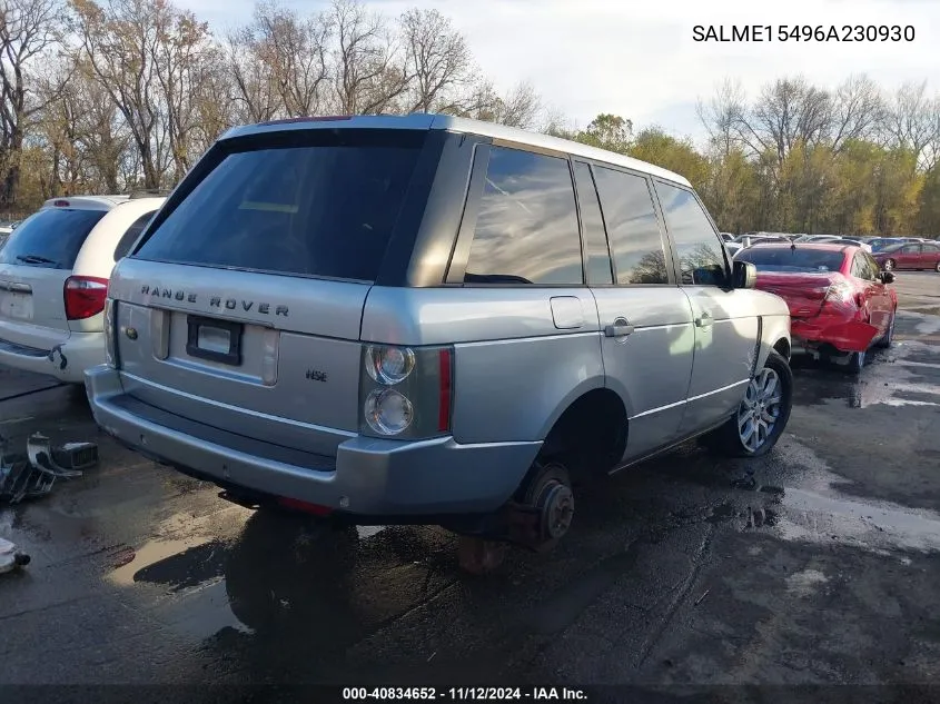 2006 Land Rover Range Rover Hse VIN: SALME15496A230930 Lot: 40834652