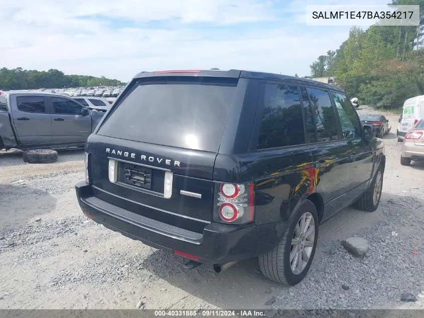 2011 Land Rover Range Rover Supercharged VIN: SALMF1E47BA354217 Lot: 40331885