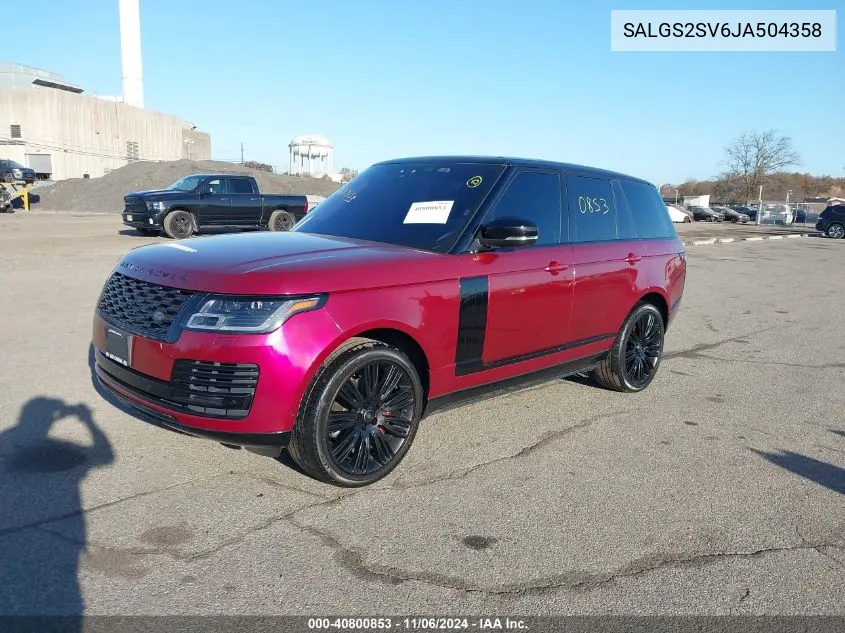 2018 Land Rover Range Rover 3.0L V6 Supercharged Hse VIN: SALGS2SV6JA504358 Lot: 40800853