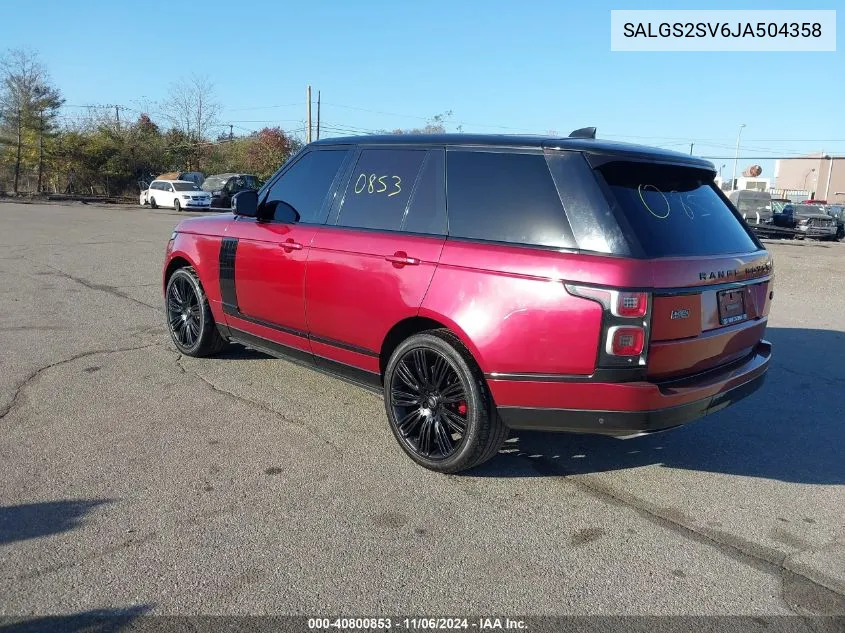 2018 Land Rover Range Rover 3.0L V6 Supercharged Hse VIN: SALGS2SV6JA504358 Lot: 40800853