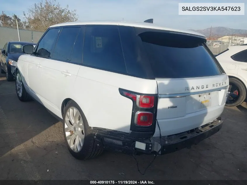 2019 Land Rover Range Rover 3.0L V6 Supercharged Hse VIN: SALGS2SV3KA547623 Lot: 40910175