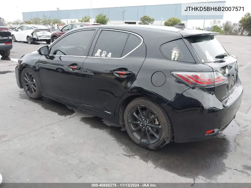 2011 Lexus Ct 200H Premium VIN: JTHKD5BH6B2007571 Lot: 40855275