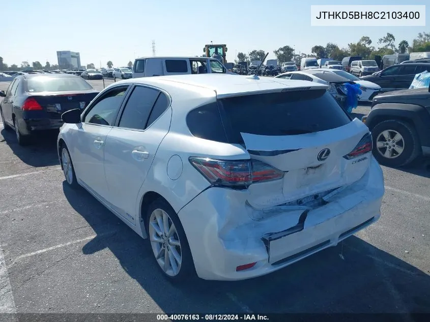 2012 Lexus Ct 200H Premium VIN: JTHKD5BH8C2103400 Lot: 40076163