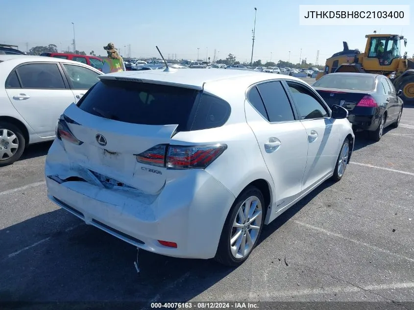 2012 Lexus Ct 200H Premium VIN: JTHKD5BH8C2103400 Lot: 40076163