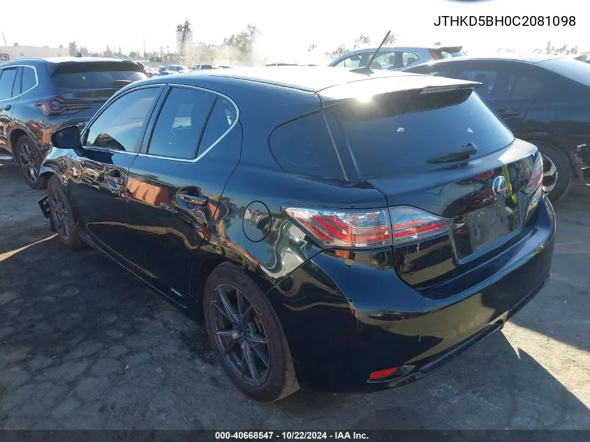 2012 Lexus Ct 200H Premium VIN: JTHKD5BH0C2081098 Lot: 40668547