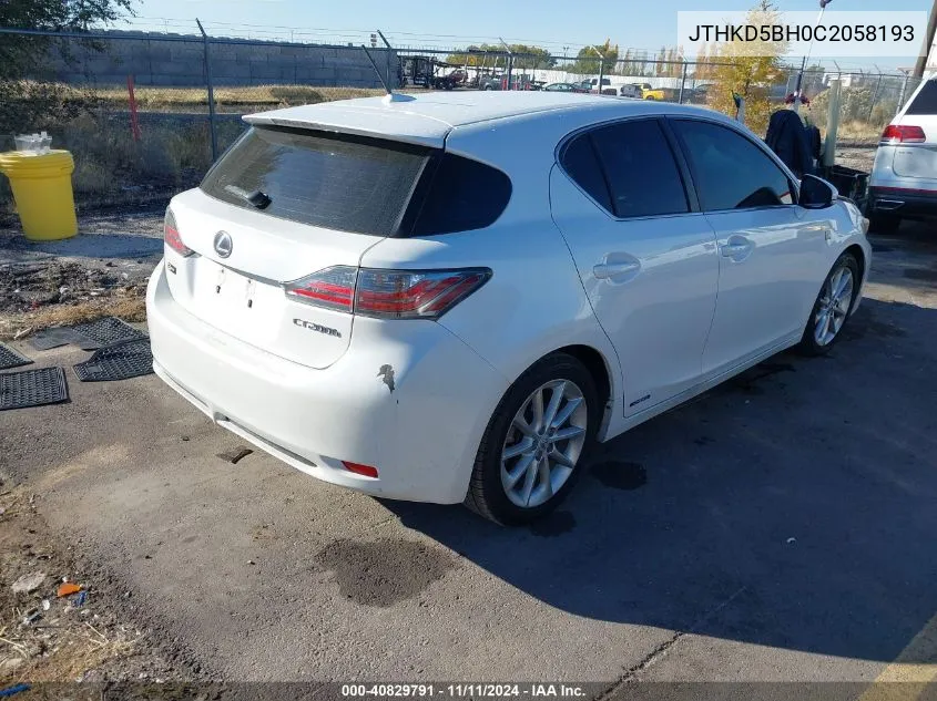 2012 Lexus Ct 200H Premium VIN: JTHKD5BH0C2058193 Lot: 40829791