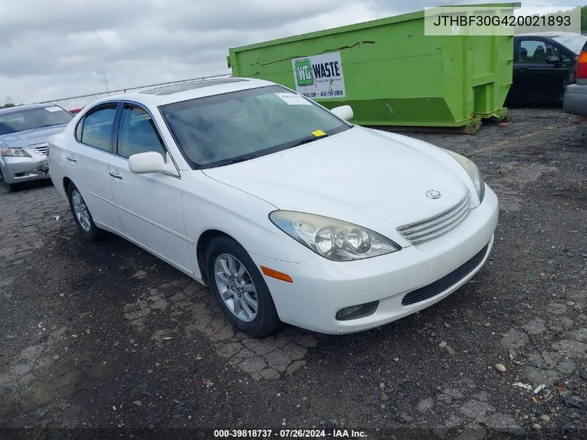 2002 Lexus Es 300 VIN: JTHBF30G420021893 Lot: 39818737