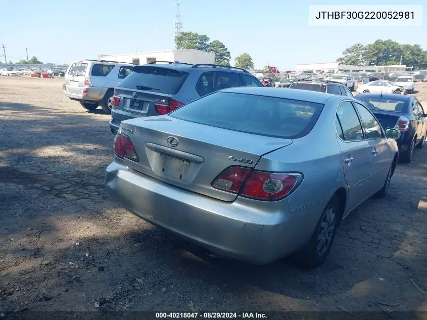 2002 Lexus Es 300 VIN: JTHBF30G220052981 Lot: 40218047