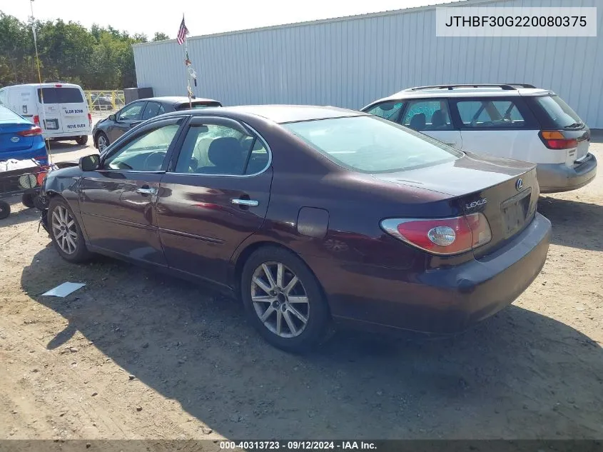 2002 Lexus Es 300 VIN: JTHBF30G220080375 Lot: 40313723