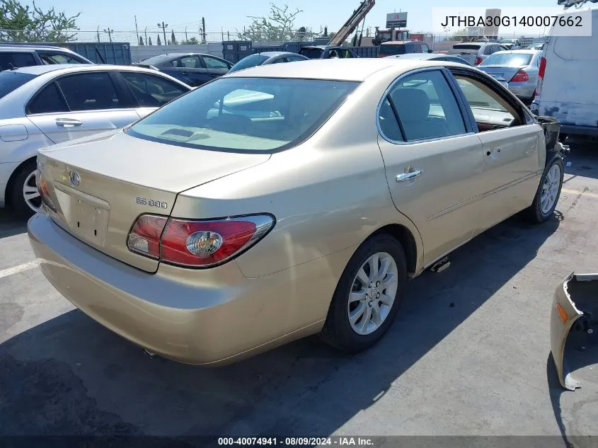 2004 Lexus Es 330 VIN: JTHBA30G140007662 Lot: 40074941