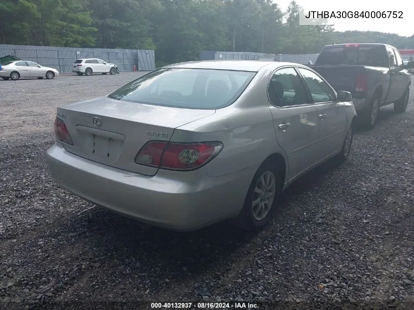 2004 Lexus Es 330 VIN: JTHBA30G840006752 Lot: 40132937