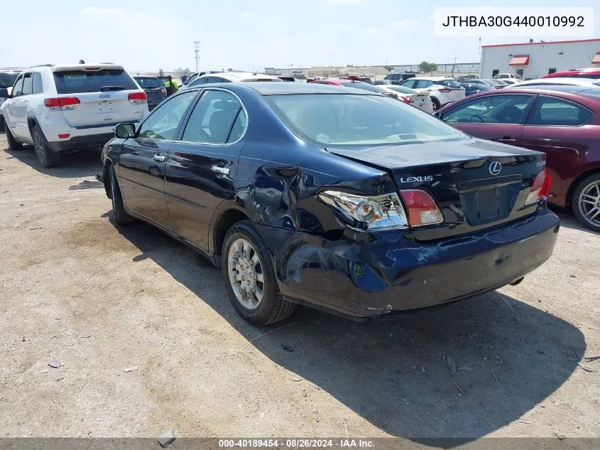 2004 Lexus Es 330 VIN: JTHBA30G440010992 Lot: 40189454