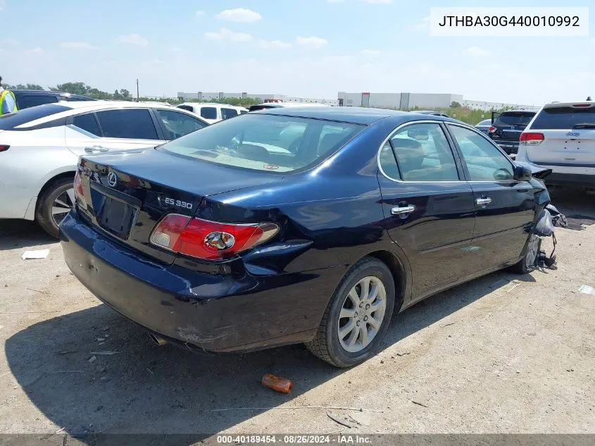 2004 Lexus Es 330 VIN: JTHBA30G440010992 Lot: 40189454