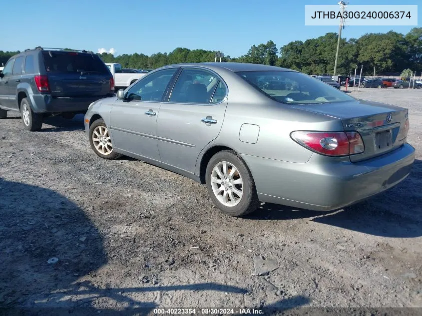 2004 Lexus Es 330 VIN: JTHBA30G240006374 Lot: 40223354